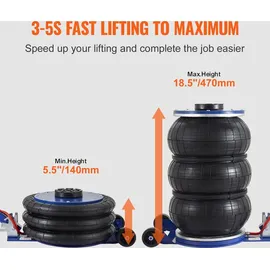 Vevor Pneumatischer Wagenheber Triple Bag Air Jack 5 t, Dreifachbeutel Luftheber 140-470 mm Hubhöhe Sack Luftwagenheber, 5 Minuten Hub Luftheber Wagenheberheber Wagenheber Einstellbar Rot
