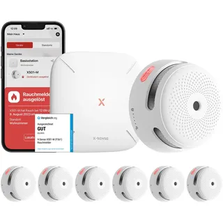 X-Sense Smart Rauchmelder XS01-M mit SBS50 Basisstation, Zertifiziert nach EN 14604, Funkrauchmelder mit WLAN, vernetzbarer Feuermelder, kompatibel mit der X-Sense Home Security App, FS61, 6 Stück