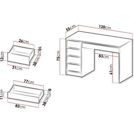 Mirjan24 Schreibtisch Ada, 5 Universale Schubladen Schülerschreibtisch Computertisch Kinderschreibtisch Arbeitstisch PC-Tisch Jugendzimmer Kinderzimmer (Weiß)