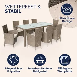 CASARIA CASARIA® Polyrattan 8 Stühle Stapelbar 190x90cm Gartentisch Glas Wetterfest Outdoor Modern Terrasse Sitzgruppe Essgruppe Garnitur Set Beige