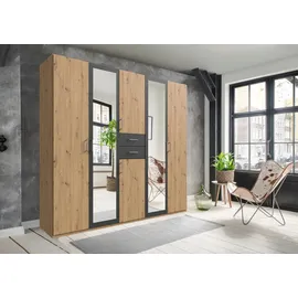 WIMEX Kleiderschrank WIMEX "Diver Drehtürenschrank mit Spiegel, 180, 225 o. 270cm breit", grau (artisan eiche, graphit, griffe alu), B:225cm H:207cm T:58cm, Schränke, Kleiderschrank, Bestseller Schlafzimmerschrank wahlweise 3 Innenausstattungen, Topseller