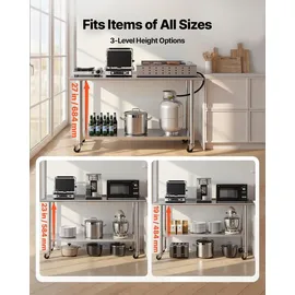 Vevor Edelstahltisch Gastro 1524 x 610 x 894 mm, Verstellbarer Edelstahltisch mit Rollen, Aufkantung (30 mm), Arbeitstisch mit Grundboden für Restaurant Obere Ablage (254 kg) Untere Ablage (209 kg)
