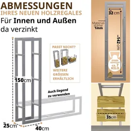 lawa living and lifestyle Kaminholzregal innen + außen Metall verzinkt 40x25x150 Silber Feuerholzregal Brennholzregal außen Stapelhilfe Kaminholz Kaminregal galvanisiert - Silber