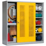 C+P Sportgeräteschrank mit Lochblech-Schiebetüren (Typ 5), HxBxT 195x190x60 cm, Verkehrsgelb (RAL 1023), Lichtgrau (RAL 7035), Einzelschließung
