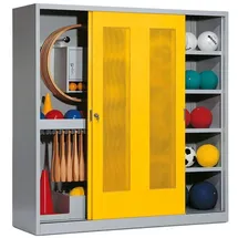 C+P Sportgeräteschrank mit Lochblech-Schiebetüren (Typ 5), HxBxT 195x190x60 cm, Verkehrsgelb (RAL 1023), Lichtgrau (RAL 7035), Einzelschließung