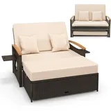 FANTASK 3 in 1 Polyrattan Sonnenliege, Gartenliege mit Verstellbarer Rückenlehne & ausklappbarem Seitenablage, Loungebett, Doppelliege mit Auflage, Gartensofa mit Hocker, Schwarz