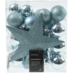 33 Weihnachtskugeln Kunststoff mit Christbaumstern Set bruchsicher Christbaumkugeln Weihnachtsbaumkugeln Christbaumspitze Christbaumschmuck Eisblau