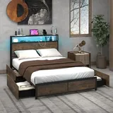Costway Generisch FANTASK Stauraumbett mit LED Beleuchtung, Ladestation & 4 Schubladen, Bett mit Kopfteil & Lattenrost, industrieller Bettrahmen, Metallbett, Doppelbett 200 x 140 cm