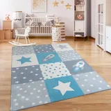 Paco Home Kinderteppich »Eliz 395«, rechteckig, 12 mm Höhe, Kurzflor, Spielteppich, Patchwork-Muster, Motiv Rakete, Sterne, Punkte blau