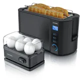 Arendo - Set Toaster MANHA mit Eierkocher SIXCOOK Edelstahl Schwarz, Toaster 4 Scheiben, LED-Display, 6 Bräunungsgrade, Brötchenhalter - Eierkocher