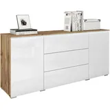 P & B Sideboard Vera mit LED ca. 150 cm Weiß/Eiche Wotan, Weiß Hochglanz, - 150x67.9x39.5 Fsc, stehend, Beleuchtung, Schlafzimmer, Schlafzimmer Kommoden