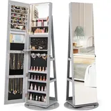 COSTWAY Schmuckschrank mit Ganzkörperspiegel, LED Spiegelschrank rahmenlos, Schmuck-Organizer 360° drehbar & abschließbar, Schmuckaufbewahrung (Grau)