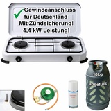Bluecraft Camping-Gas-Kocher Mobi 2-flammig, weiss mit Zündsicherung, Gasschlauch, Gasreg...