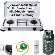 Bluecraft Camping-Gas-Kocher Mobi 2-flammig, weiss mit Zündsicherung, Gasschlauch, Gasreg...