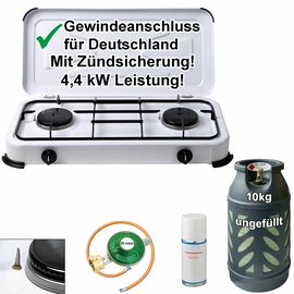 Bluecraft Camping-Gas-Kocher Mobi 2-flammig, weiss mit Zündsicherung, Gasschlauch, Gasreg...
