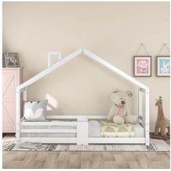 Sweiko Kinderbett (Hausbett mit Dach, Schornstein und Absturzsicherung, Kiefernholz) weiß 96 cm x 209 cm x 142.5 cm