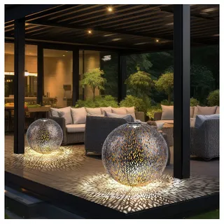 GLOBO LIGHTING LED Solarleuchte, LED-Leuchtmittel fest verbaut, Warmweiß, Solarkugel Windlicht Außenlampe LED Erdspieß Gartendeko silber gold 2x silberfarben