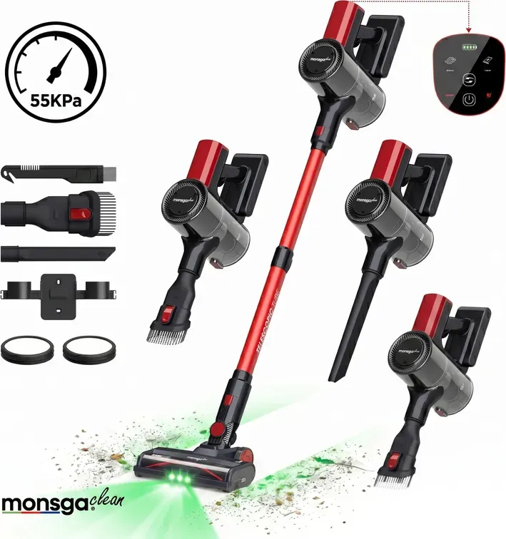 monsga M100 Roter kabelloser Staubsauger, 55000 Pa, 45 Min. Laufzeit, Für Zuhause, Touch-Display, Grünes Licht zur Stauberkennung, Anti-Tangle-Stick, Freistehend, Wiederaufladbar, Für Tierhaare/Teppich