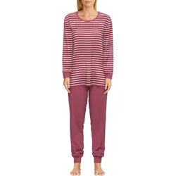 Pyjama GÖTZBURG "Herbstblüte", Damen, Gr. 42 (XL), rot (rot, mittel, ringel), Interlock, Obermaterial: 100% Baumwolle, gestreift, casual, bequem lang, Rundhals, Langarm Bündchen, Homewear-Sets, Langarm, Rundhalsausschnitt, Reine Baumwolle