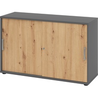 bümö Schiebetürenschrank "2OH" - Aktenschrank abschließbar, Sideboard Schrank mit Schiebetüren in Graphit/Asteiche - Büroschrank aus Holz mit