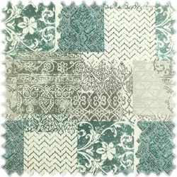 Jacquard Flachgewebe Möbelstoff Klassik Perlweiss / Grün / Petrol im Patchwork Design