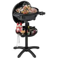 GOPLUS Elektrogrill für Balkon, Standgrill mit einstellbarer Temperatur, 2-Zonen Antihaftplatte, stabiler Tischgrill mit Gewürzregal & Fettauffangbehälter, für Innen- & Außenbereich