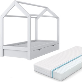 VitaliSpa Kinderbett Hausbett Schubladen Bett Holz Kinderhaus weiß 90x200 cm + Matratze