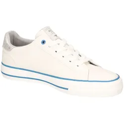 Sneaker MUSTANG SHOES, Damen, Gr. 36, blau (beige, blau), Lederimitat, geblümt, modisch, Schuhe, Freizeitschuh, Halbschuh, Schnürschuh mit modischem Design