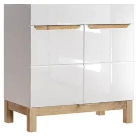 Lomadox - Waschtischunterschrank 80 cm SOLNA-56 Hochglanz weiß mit Wotaneiche, b x h x t ca. 80 x 85 x 46cm
