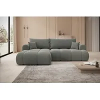 thematys Ecksofa mit Schlaffunktion und Bettkasten, L-Form, Cord und Bouclé + 2 Kissen, 260 x 165cm - Luxus Couch mit Bettfunktion mit Bonnellfedern grau