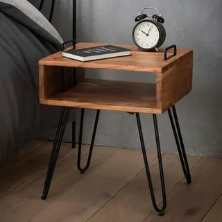 RINGO-Living Massivholz Nachttisch Lani Mit Fach, Industrial Style Stauraum, Wohnzimmertisch 48 cm Hoch, Haarnadel Metallbeine, Holz, Braun