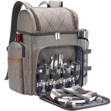 Picknick-Rucksack für 4 Personen, Picknickkorb-Set, auslaufsichere Picknicktasche, Strandkühlrucksack mit isolierter Kühltasche, Picknickdecke, Camping, Park (gebürstetes Khaki)