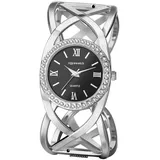 JewelryWe Damenuhr Offen Armreif Uhr: Silber Analog Quarzuhr Damen Edelstahl Breit Spangenuhr Elegant Charme Manschetten Uhr mit Strass Lünette & Schwarz Römische Zahlen Leicht Lesbar Zifferblatt