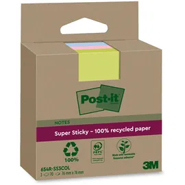 Post-it Super Sticky 100 % Recycling Notes, 3 Blöcke, 70 Blätter pro Block, 76 x 76 mm