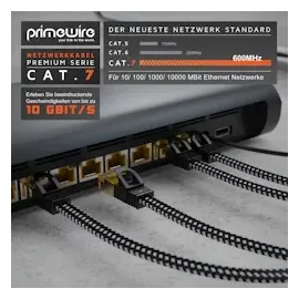 Primewire Flachbandpatchkabel CAT 7 mit Baumwollummantelung - Gigabit Ethernet LAN Kabel - 10 Gbit/s - U/FTP PIMF Schirmung - Netzwerkkabel - 3m