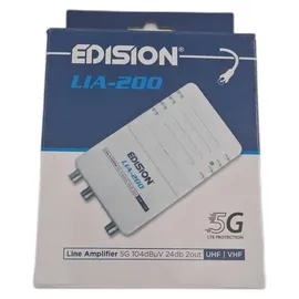 Edision LIA-200 Hausanschlussverstärker UHF/VHF, 12-24db, 104dBmV, Frequenzbereich 47-694Mhz, geeignet für Kabelfernsehen digital und Terrestrisch DVB-T/T2, 5G LTE Filter, 1 Eingang, 2 Ausgänge