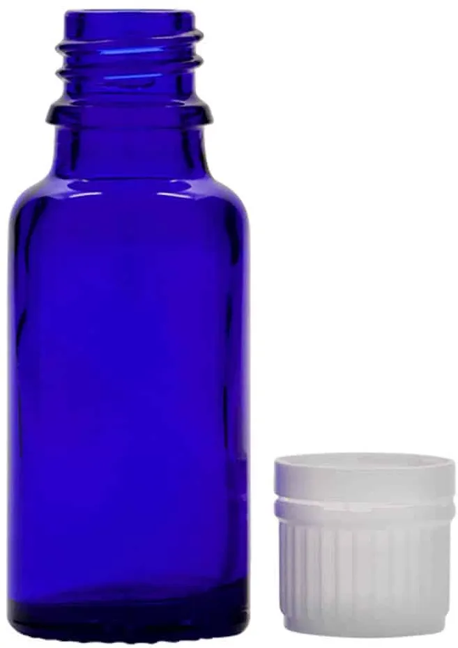Flacon pharmaceutique 20 ml , verre, bleu roi, col : DIN 18