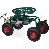 Relaxdays fahrbarer Gartensitz, höhenverstellbar, 150 kg, Stauraum, Rollsitz für Gartenarbeit, Stahl, Luftreifen, grün