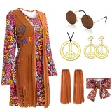 ATOWORLD Hippie Kostüm Damen Set mit 70er Jahre Bekleidung Damen Kleid & Hippie Kleidung Damen zubehör 60er 70er Outfits Kleid Mädchen Damen Disco Halloween Faschingskostüme für Karneval(XL)