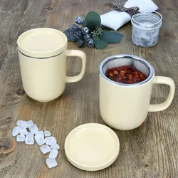 2er Set Jasper Vanille Teebecher mit Deckel & Sieb aus Steingut - 406917