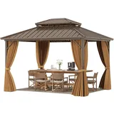 GOPLUS Gardenpavillon 3,54 x 2,94 m, Hardtop Pavillon wasserabweisend & Winterfest, Garten Pavillon mit Doppeldach aus verzinktem Metall, Netz & Vorhang, für Terrasse, Garten, Deck, Rasen, Hinterhof