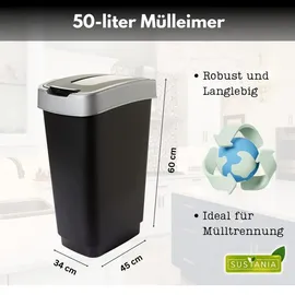 2friends 2er Set Mülleimer 50 Liter Abfalleimer mit Schwingdeckel Kunststoff schwarz/Silber - Schwarz/Silber