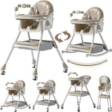 Nine point nine PU-Leder Hochstuhl Baby mit Schaukelfunktion, Verstellbarer und Leicht Zusammenklappbarer Kinderhochstuhl, Hochstuhl mit Rädern, Hochstühle mit Doppeltablett (560 Khaki)