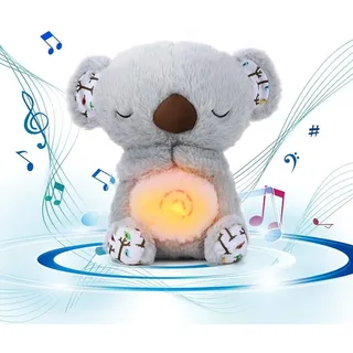 Starnearby Schlummer Koala Kuscheltier mit Herzschlag, Schlummerkoala baby mit Licht und Musik, Atmender Koala-Schlafpartner Kinder Einschlafhilfe Babys, Beruhigender Koala-Plüschpuppe (Grau)