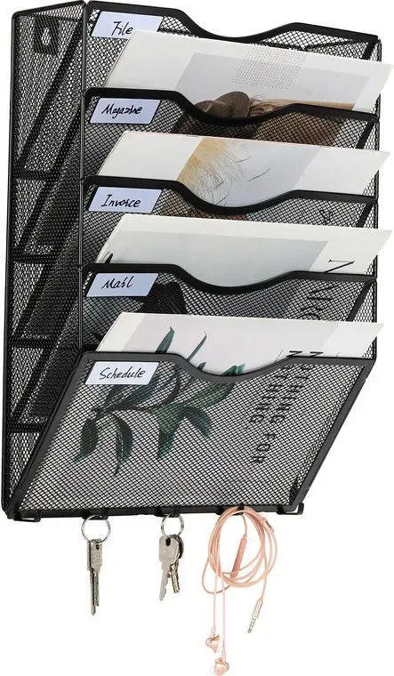 Senhoglb A4-Wandmappe aus Metallgitter mit 5 Fächern und 5 Haken, Schwarz, Neujahr-Angebot, Top-Geschenkideen