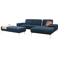 Ecksofa W.SCHILLIG "run" Sofas Gr. B/H/T: 279cm x 88cm x 178cm, ROHLEDER Jacquard-Flachgewebe Q2 W60, Recamiere rechts, mit Sitztiefenverstellung, blau (jeans w60) mit elegantem Holzsockel, Füße in Chrom glänzend, Breite 279 cm