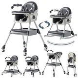 MoLi PU-Leder Hochstuhl Baby mit Schaukelfunktion, Hochstuhl mit Rädern, Verstellbarer und Leicht Zusammenklappbarer Kinderhochstuhl, Hochstühle mit Doppeltablett (560 Grey)