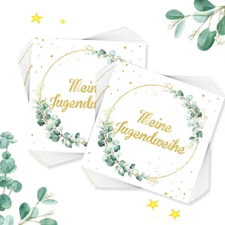 Servietten Jugendweihe Deko Jungen Mädchen,Servietten Jugendweihe,100 Stück Mein Jugendweihe Servietten mit Eukalyptus Kranz,Deko Jugendweihe Mädchen Junge, Jugendweihe Party Dekoration(33 x 33 cm)