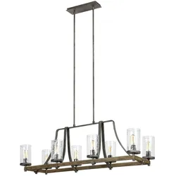 Licht-Erlebnisse Pendelleuchte CADIZ Schiefergrau, Transparent, Eiche verwittert, Stahl, Holz, gewelltes Glas, 8x E27 bis 60W LE121018