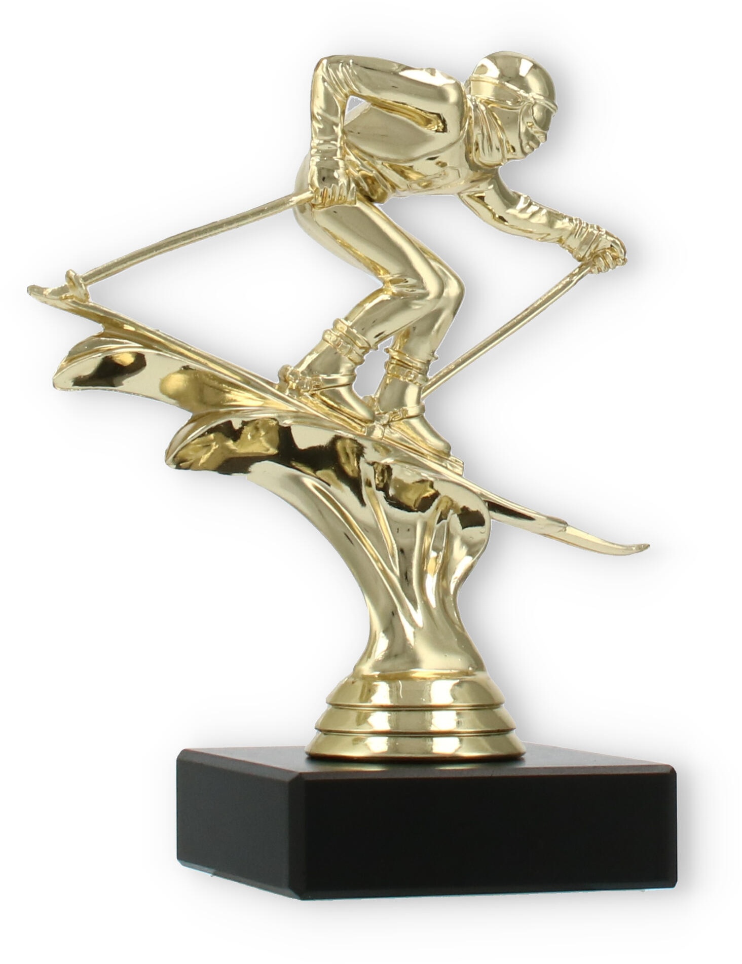 Pokal Kunststofffigur Ski Abfahrt gold auf schwarzem Marmorsockel 13,6cm